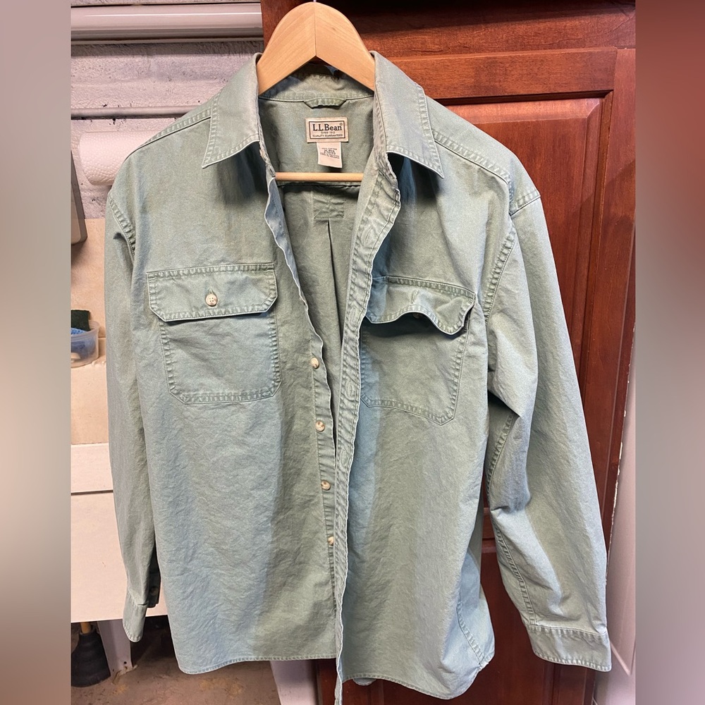 LL Bean Sunwashed Canvas Shirt Mens Medium Green 270133